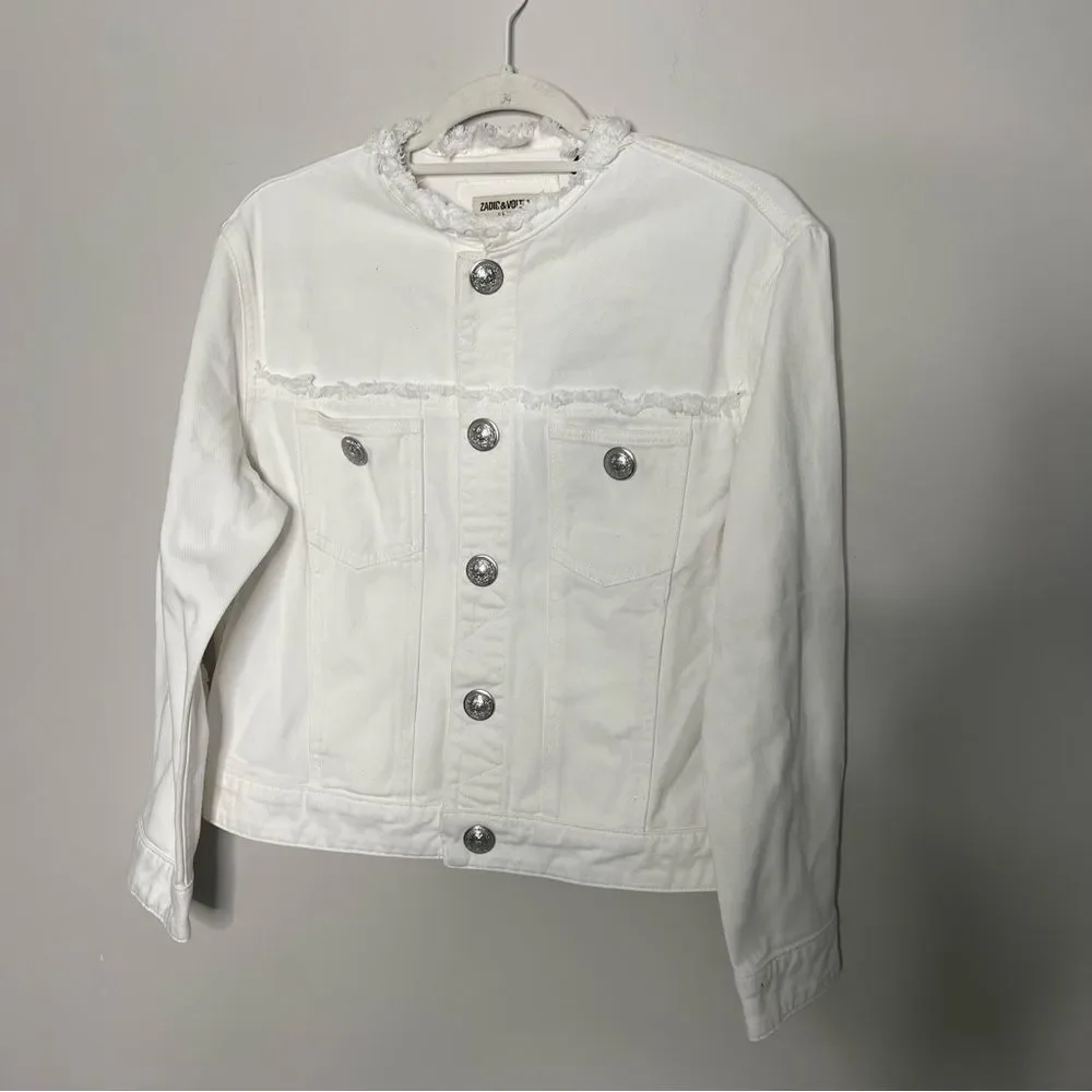 $398 Zadig & Voltaire Kaely Destroy Denim Jacket in White NWT small